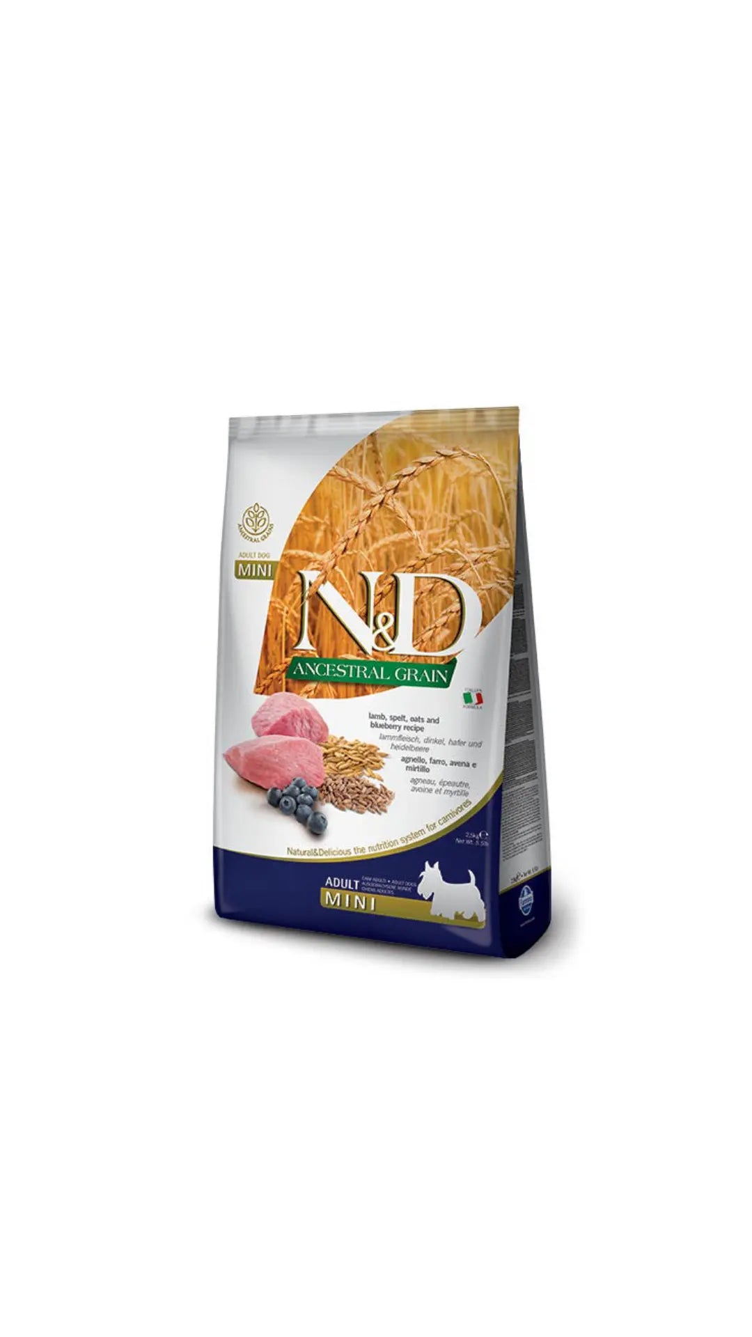 Farmina N&D Ancestral Grain Agnello  Mirtillo farro e avena Cani Adulti Taglia Mini Sacco 800gr