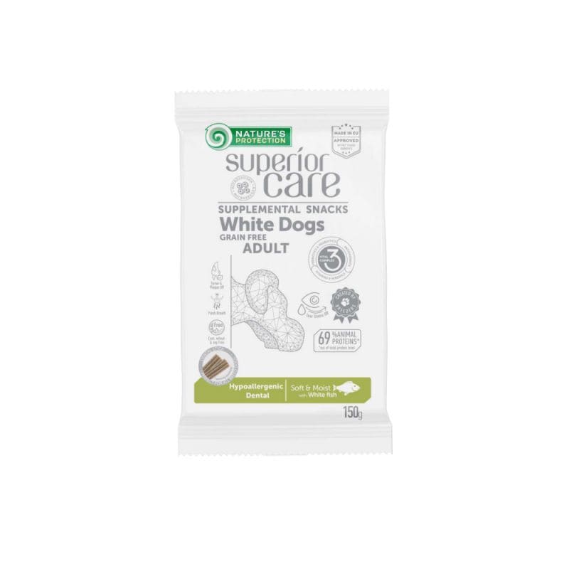 NATURE'S PROTECTION WHITE DOGS DENTAL SNACK PESCE BIANCO 150G SNACK CANE SUPERIOR CARE HYPOALLERGENIC DENTAL GRAIN FREE