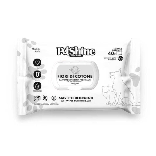 PetShine Salviette Detergenti Fiori di Cotone per Cani e Gatti 40 pezzi